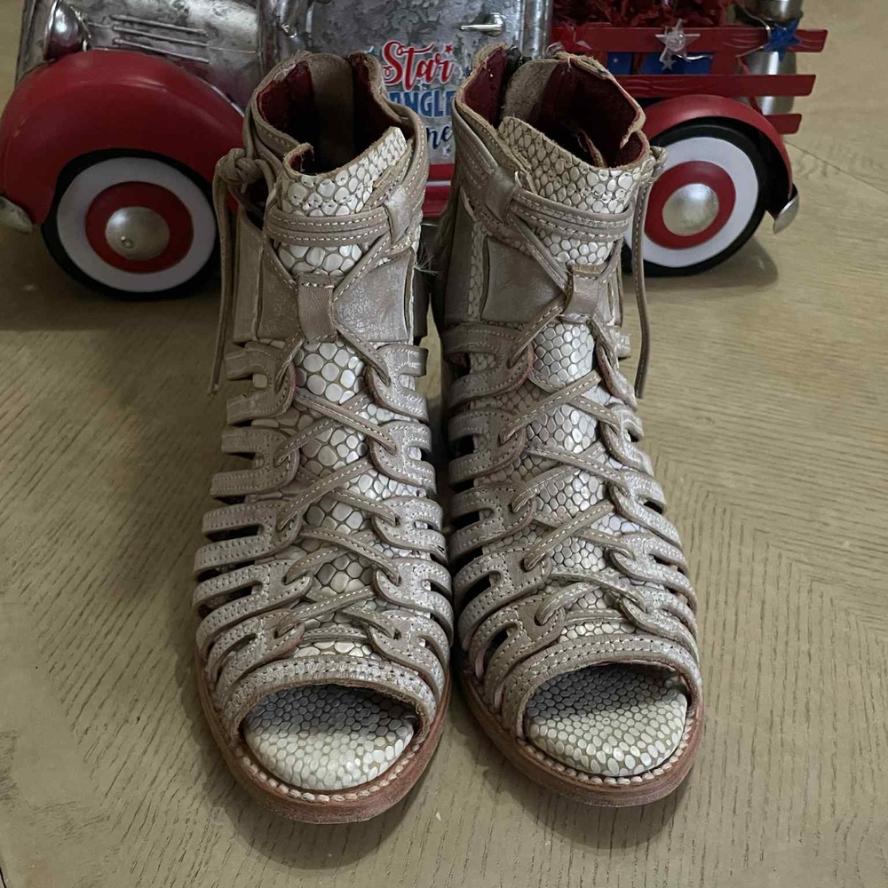 Freebird Taupe Snakeskin Lace-Up Sandals